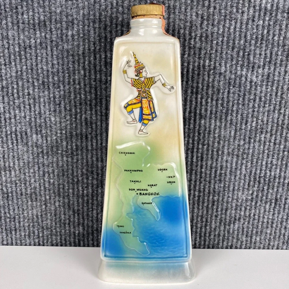 Vintage Thailand Elephant Ceramic Decanter Bottle Map A Nation of Wonders 12in